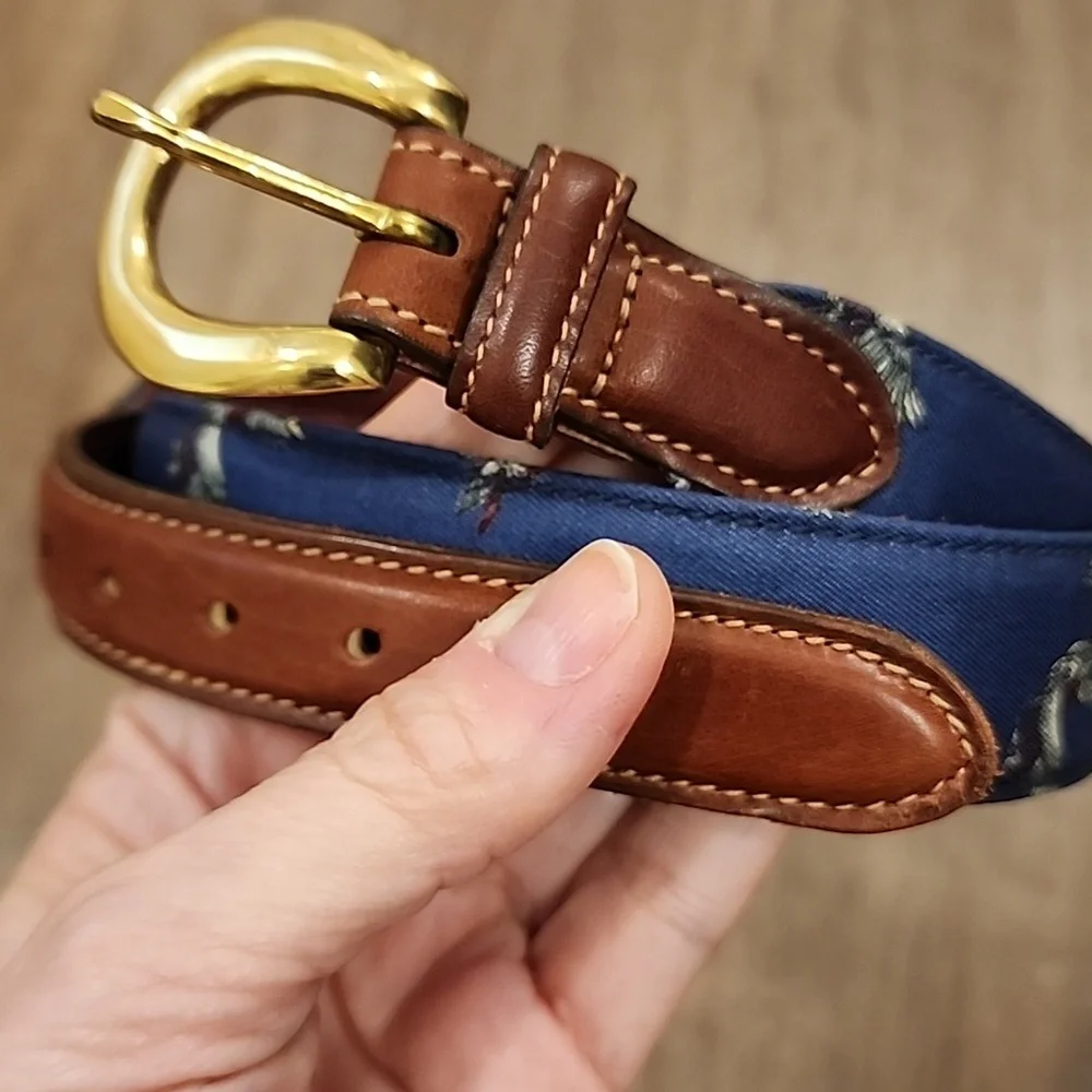 Vintage Trafalgar Belt Ribbon Ducks Mallards Leather Accents Brass Men's size 34