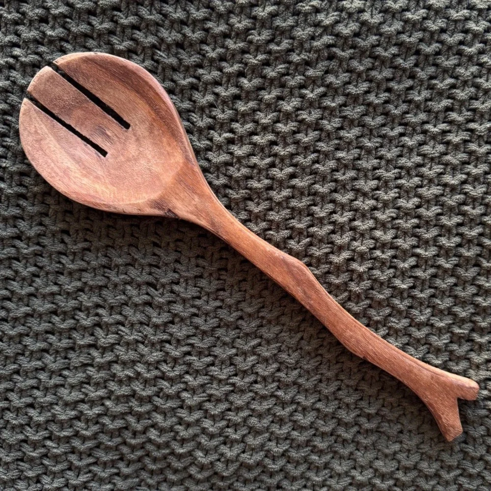 Hand Carved Wooden Serving‎ Spoon Slotted 11 Inch Rustic Branch Organic Earthy
