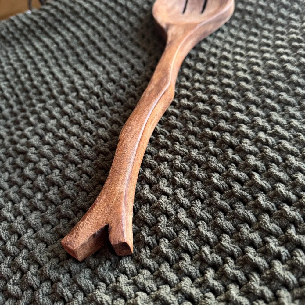 Hand Carved Wooden Serving‎ Spoon Slotted 11 Inch Rustic Branch Organic Earthy