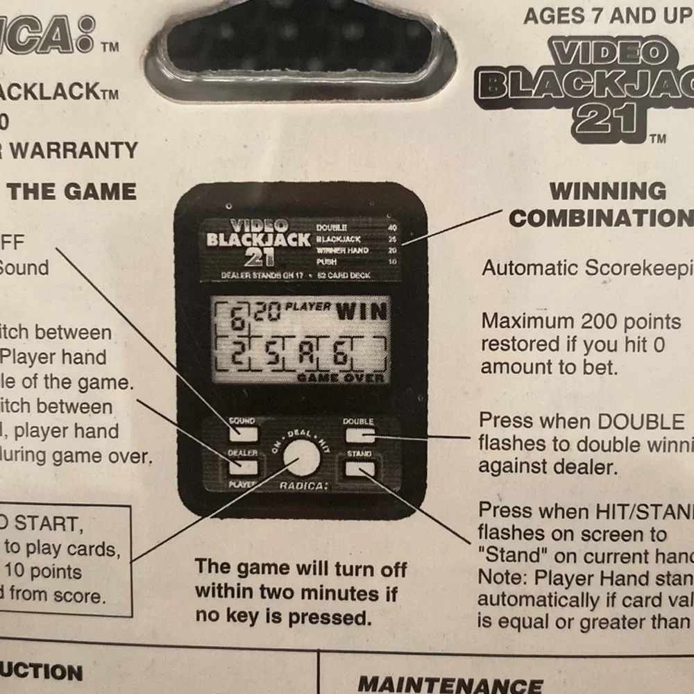 Vintage Radica Blackjack 21 Pocket Handheld Electronic Video Game Model 450