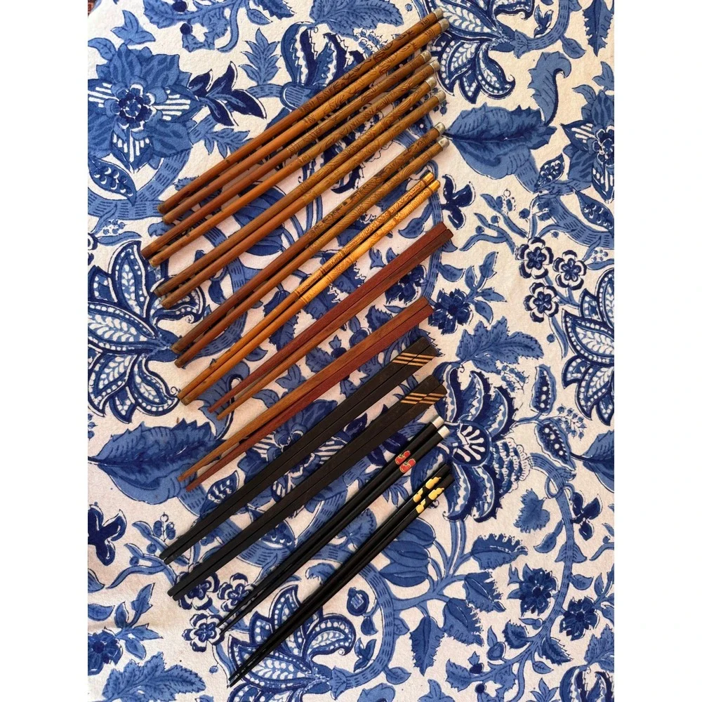 Vintage Assorted Chopsticks Set 9 Pairs Bamboo Carved Wood Lacquer Inlaid Decor