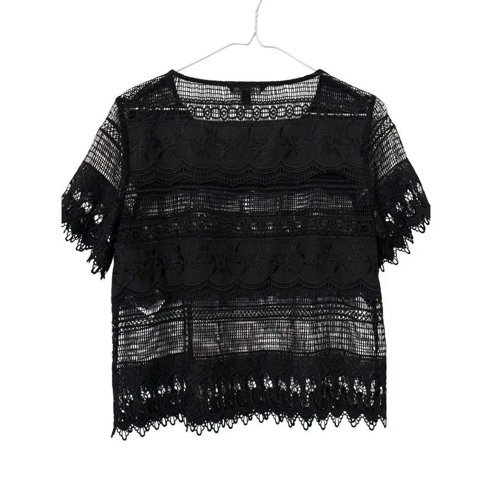Banana Republic Crochet Lace Short Sleeve See Through Crop Top Black Small
