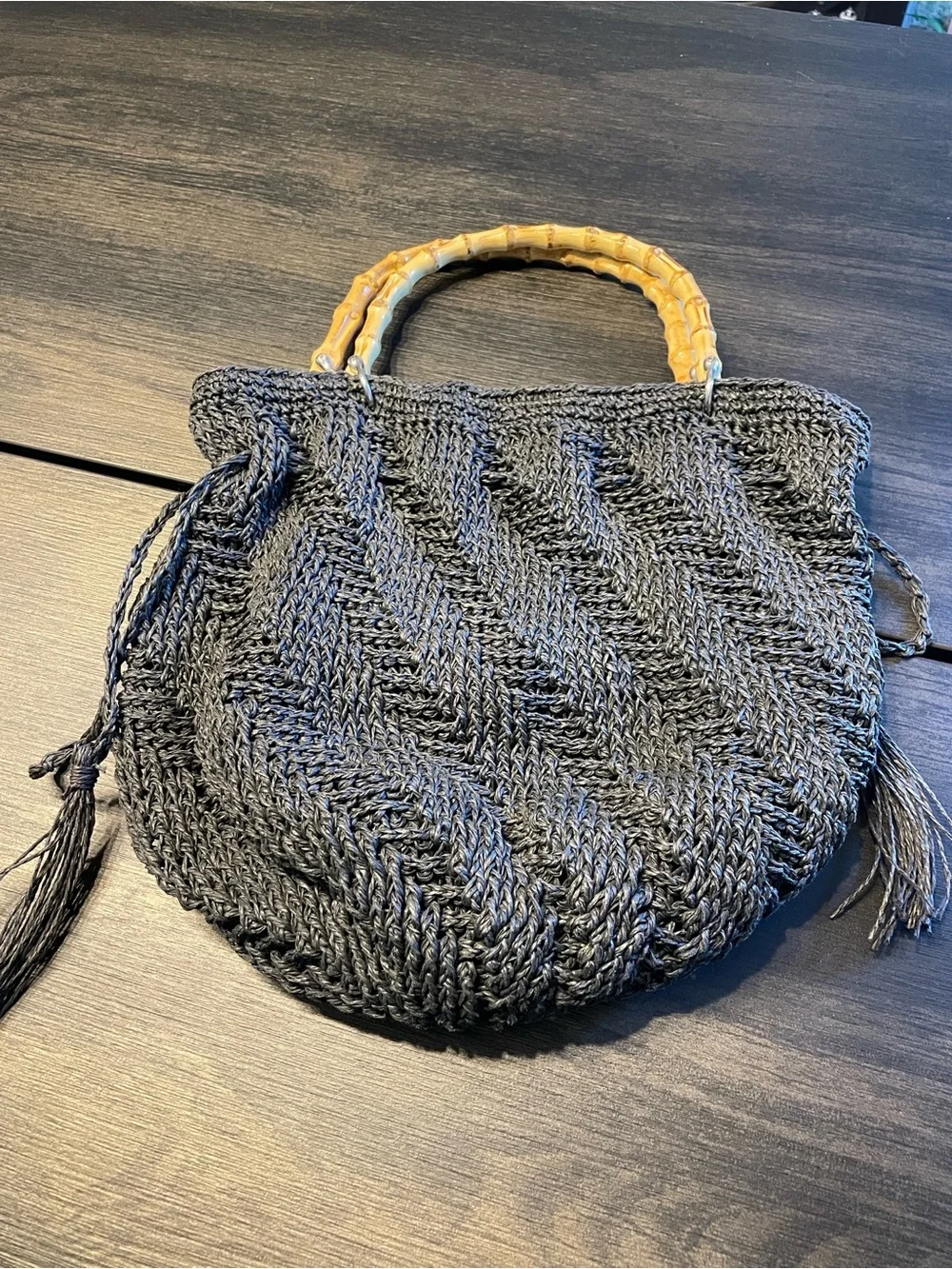 Chico's Black Woven Hobo with Bamboo Handles