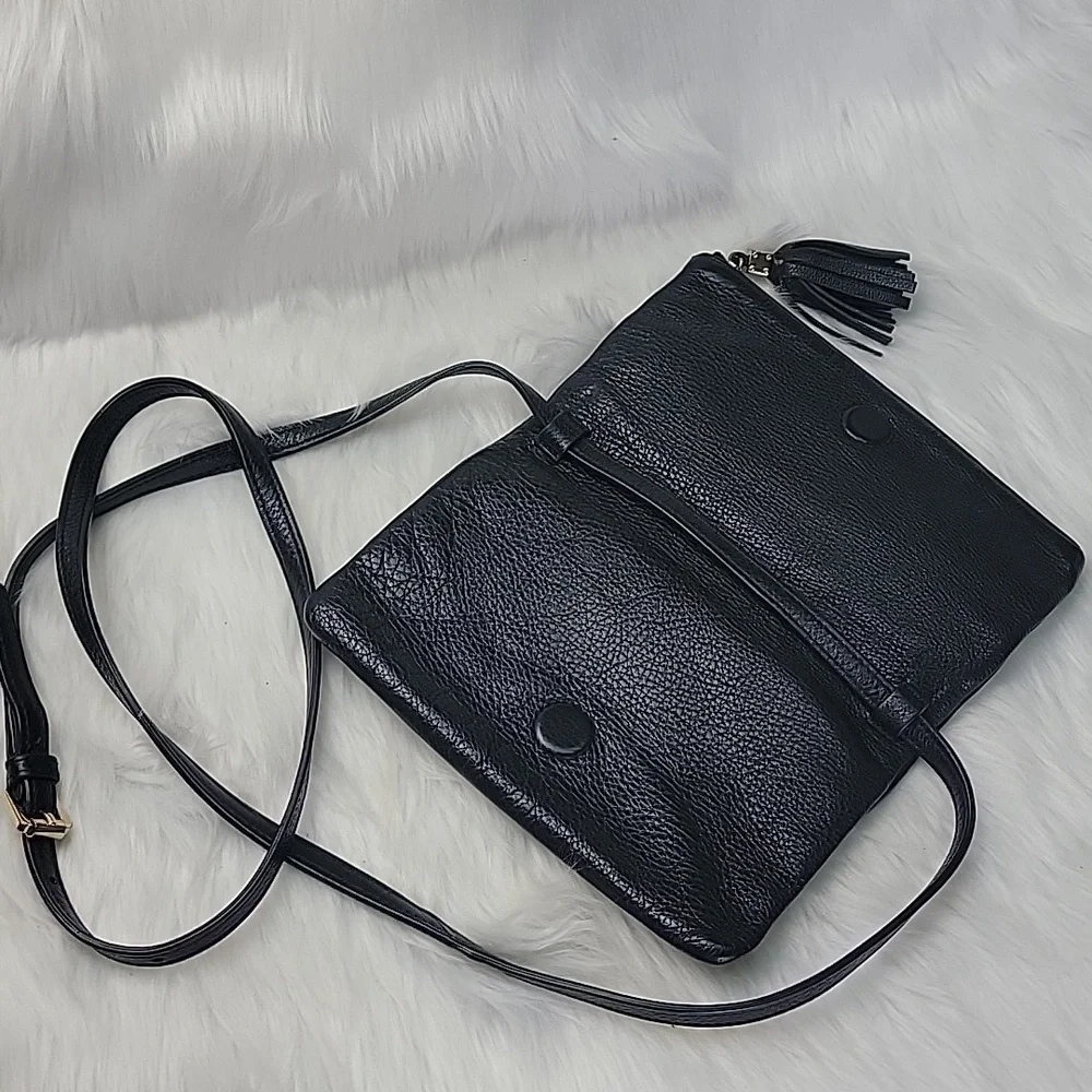 TORY BURCH‎ Thea Black Pebble Grain Fold Over Mini Date Designer Crossbody Bag