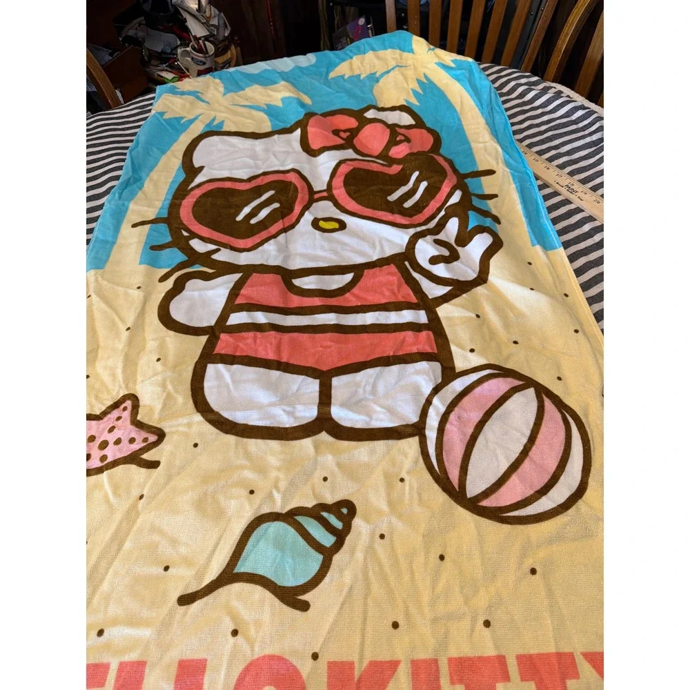 Sanrio Hello Kitty Beach Towel Summer Heart Sunglasses Palm Trees Pink Blue