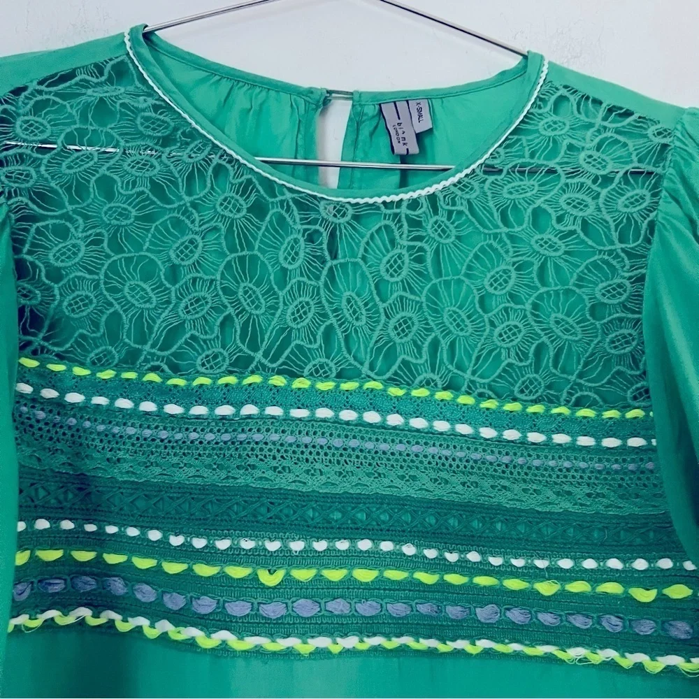 Anthro Blank London Boho Lace Yoke Peasant Blouse Emerald Green Embroidery