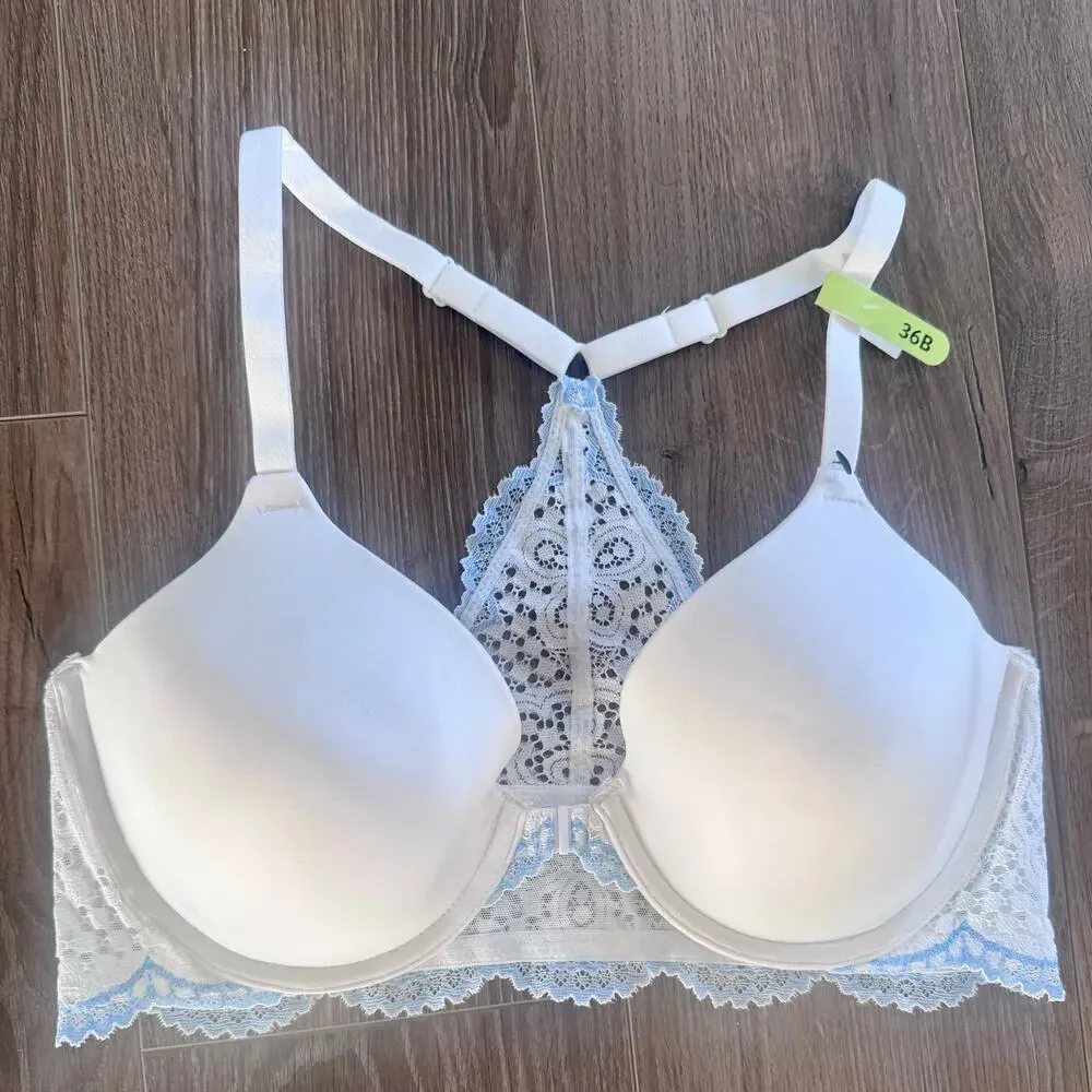 Maidenform One Fab Fit Everyday Full Coverage Racerback Bra Blue White Lace 36B