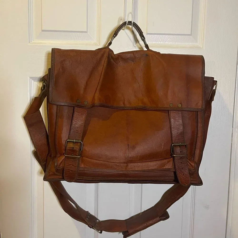Komal's Passion Leather distressed tan Messenger Commuter large Shoulder Bag