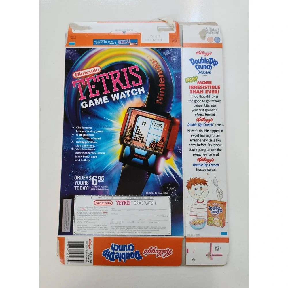 1993‎ Kellogg's Double Dip Crunch Cereal Box - Nintendo TETRIS Game Watch Promo