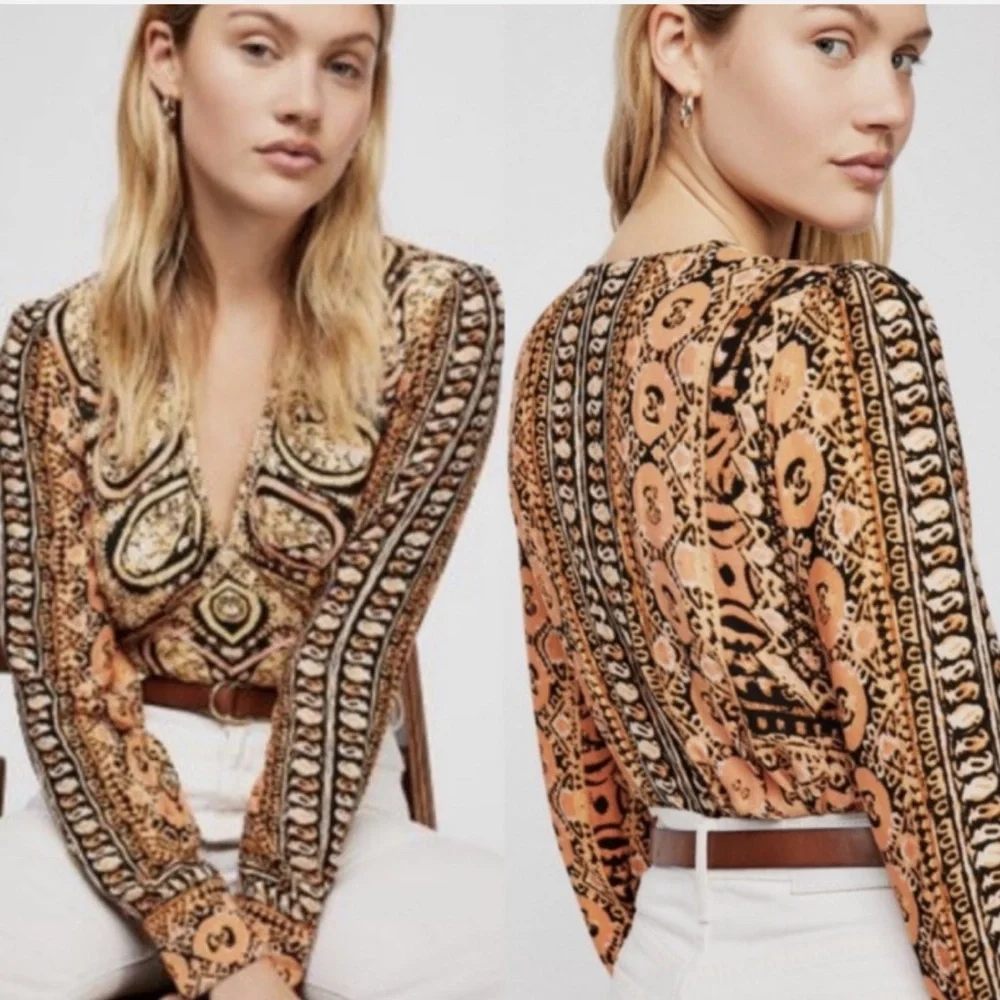 Free People Wild And Free Blouse Orange Black Combo NWOT Size M