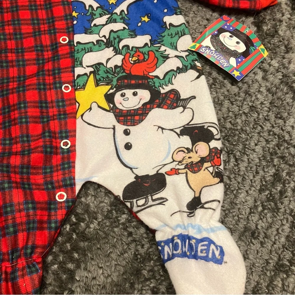VTG 90s‎ Snowden the Snowman footed one-piece red plaid (tartan) sleeper 3m NWT