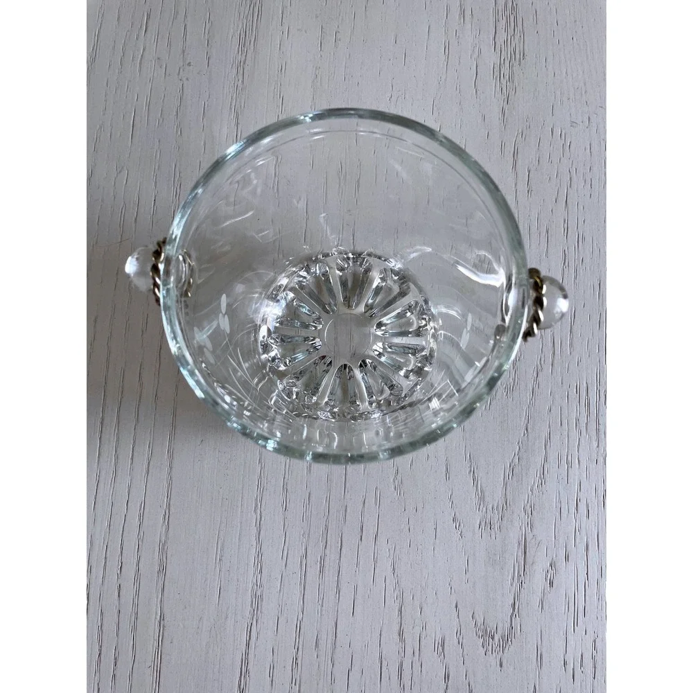 Vintage Midcentury Glass Ice Bucket Etched Floral Design Twisted Metal Handle 5
