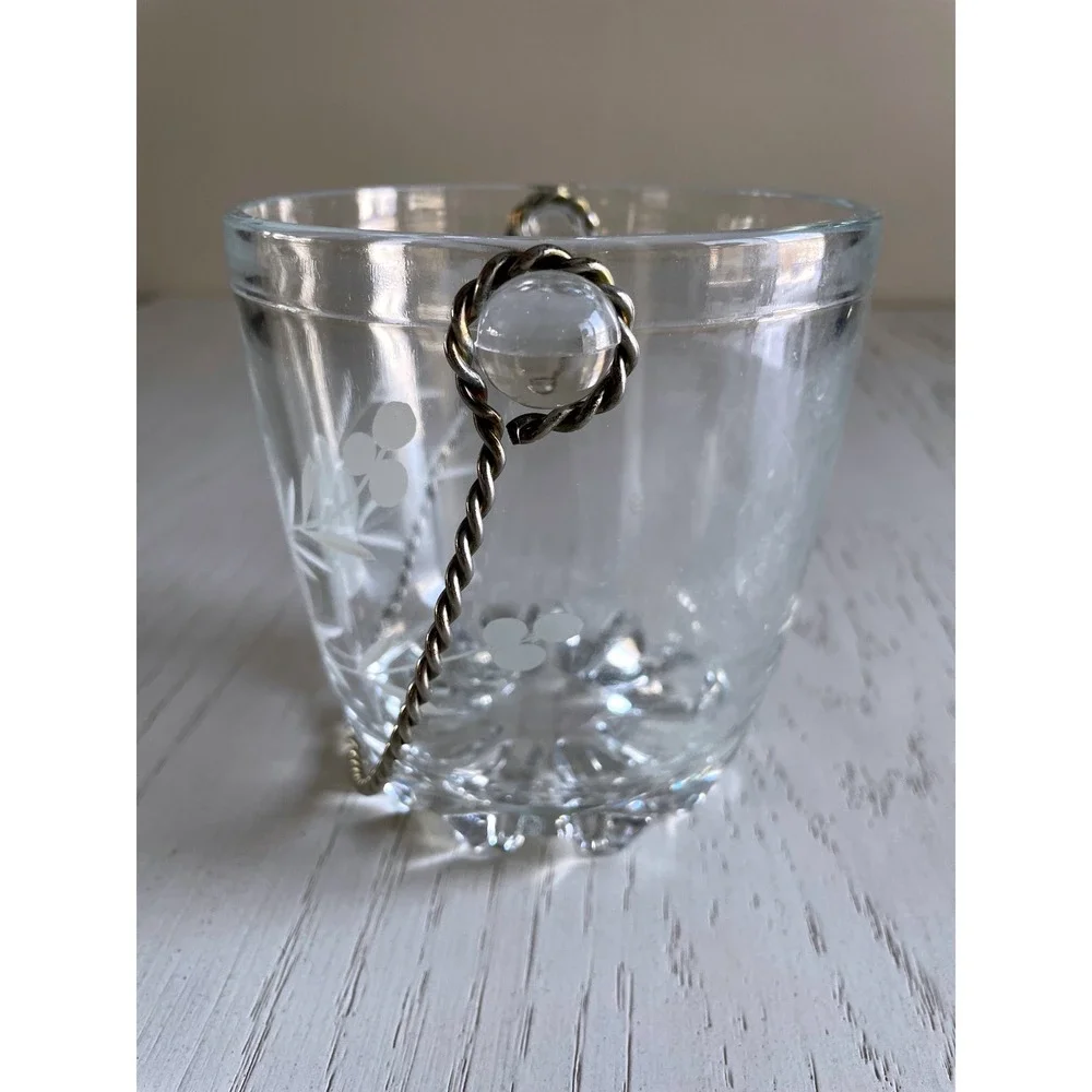 Vintage Midcentury Glass Ice Bucket Etched Floral Design Twisted Metal Handle 5