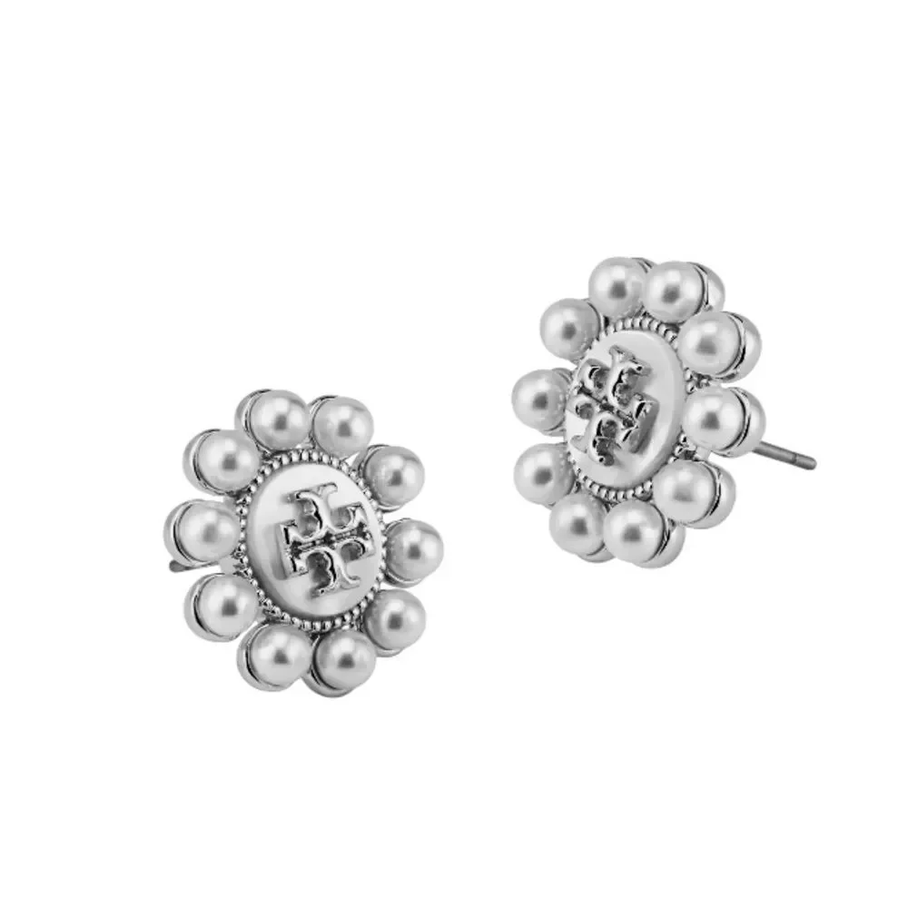 TORY BURCH KIRA STUD DOUBLE T ENCIRCLED BY MOTHER OF PEARL.