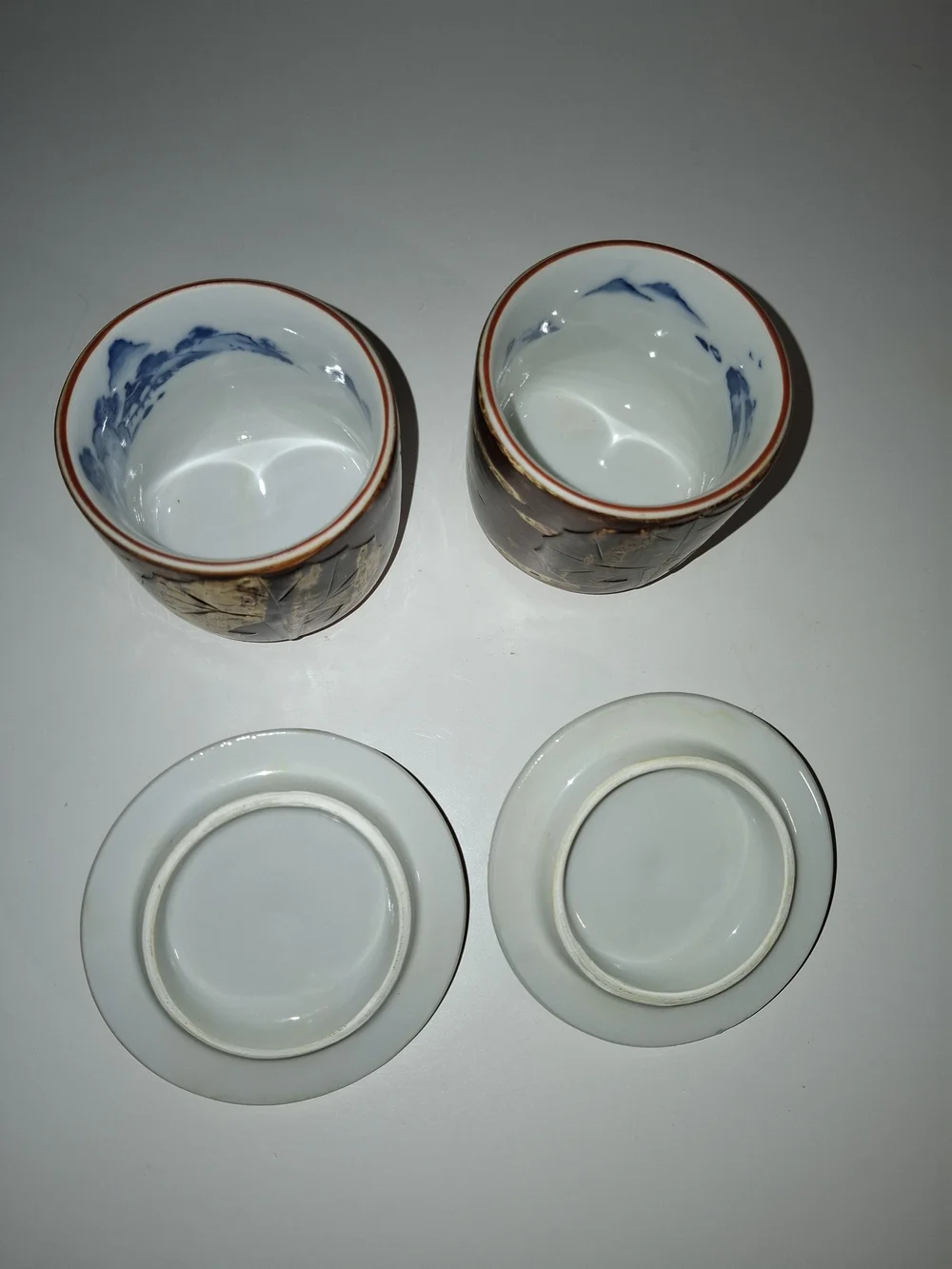 Ceramic Lidded Japense Tea Cups - Real Cherry Bark Inlay Set of 2