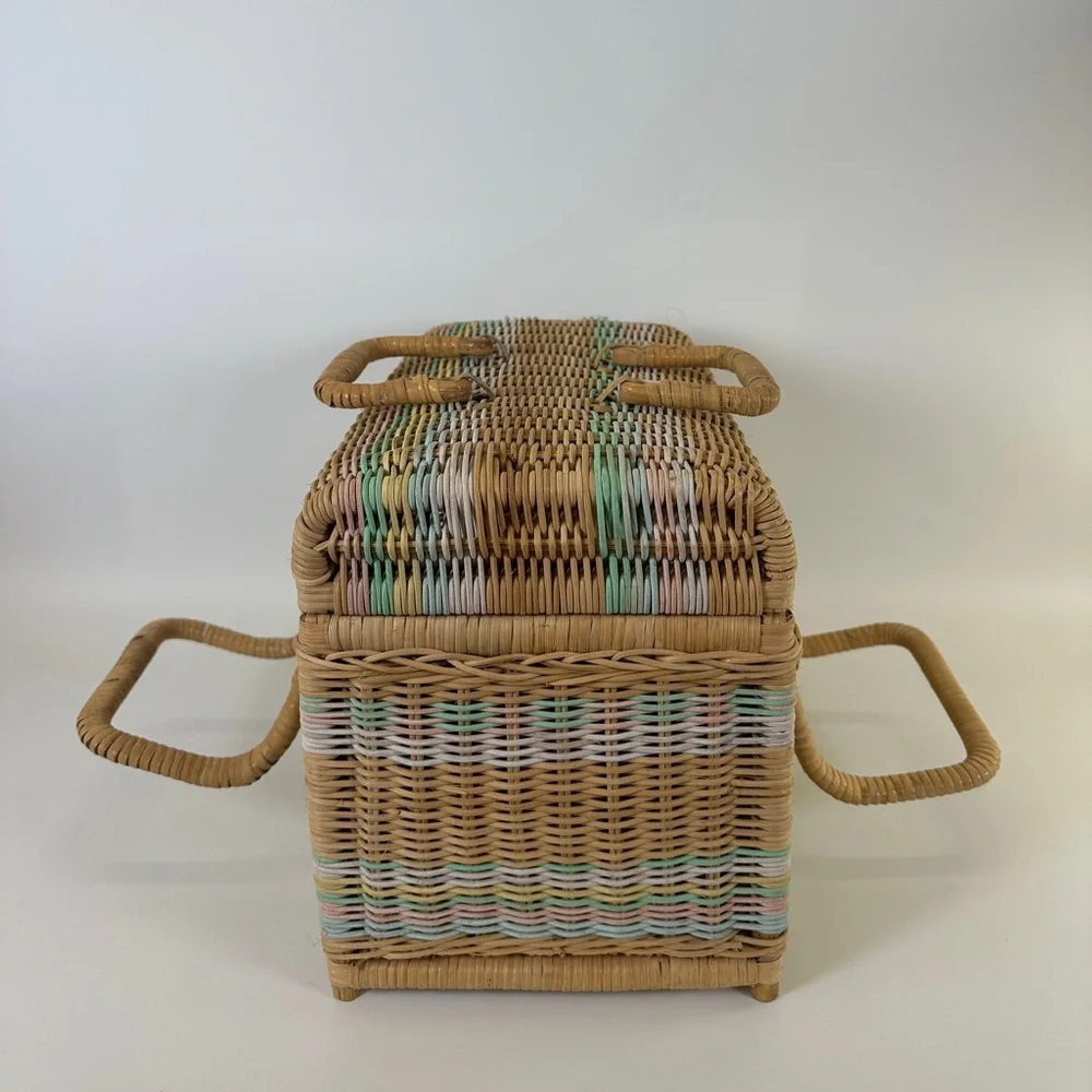 VTG‎ Rattan Pastel Rainbow Wicker Picnic Basket | boho eclectic handles storage