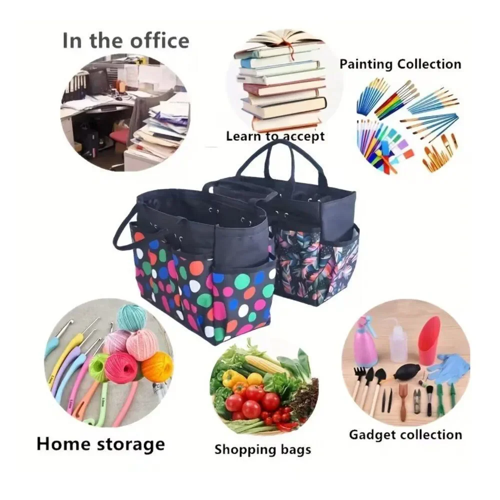 Multi-Color Feather Print Black Tote Bag Home Organizer Multiple Pockets