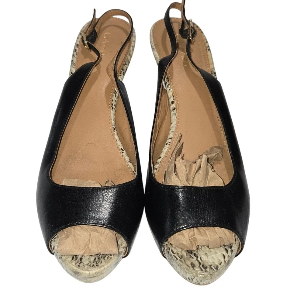 Calvin Klein Giny Black Snakeskin Peep Toe Slingback‎ Heels