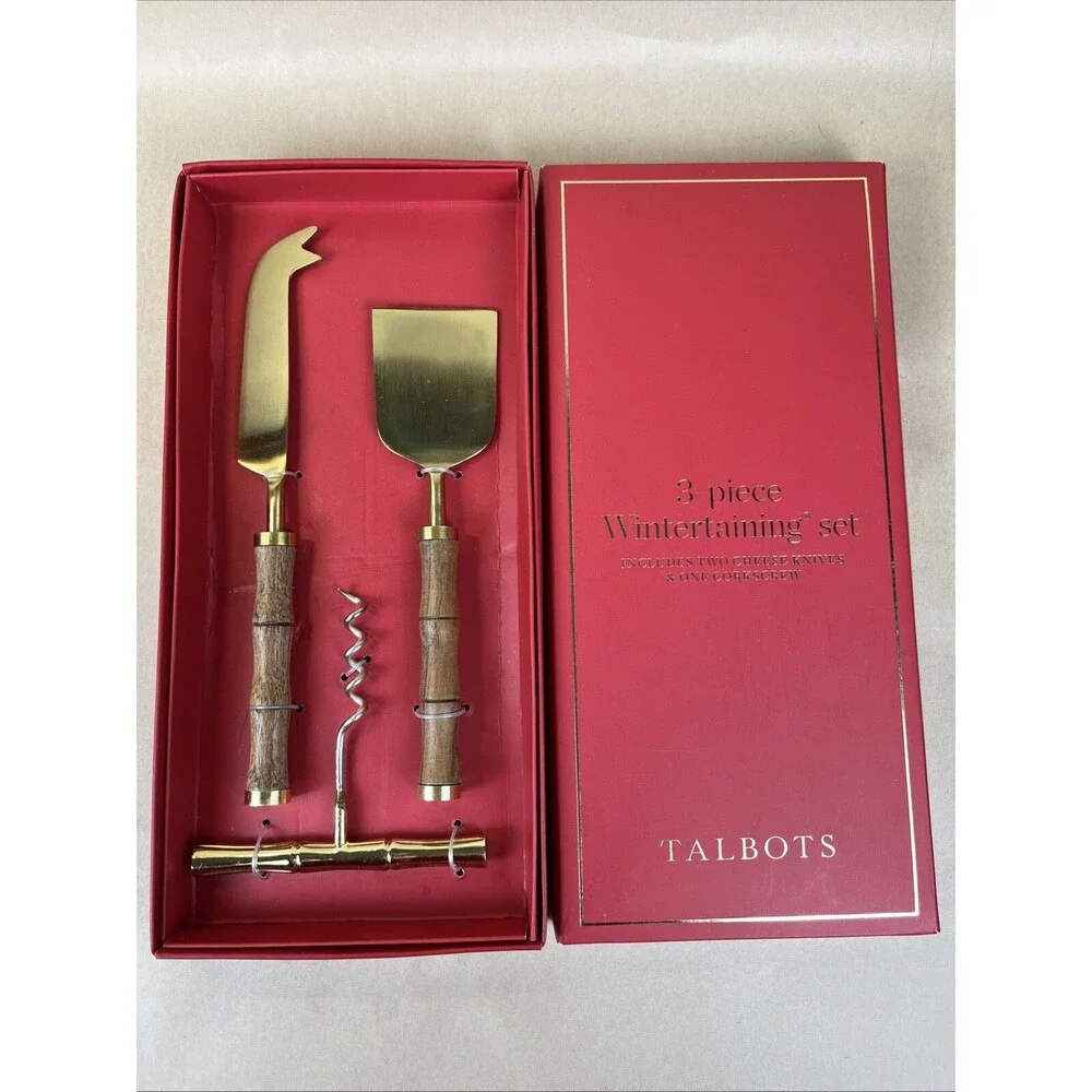 Talbots‎ 3 Pc Cheeseknives and Corkscrew Wintertaining Set New Bamboo Style Gift