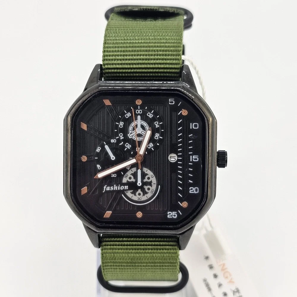 Men's Watch‎ 42MM Black Dial Black Case Date Army Green Canvas Band New Battery