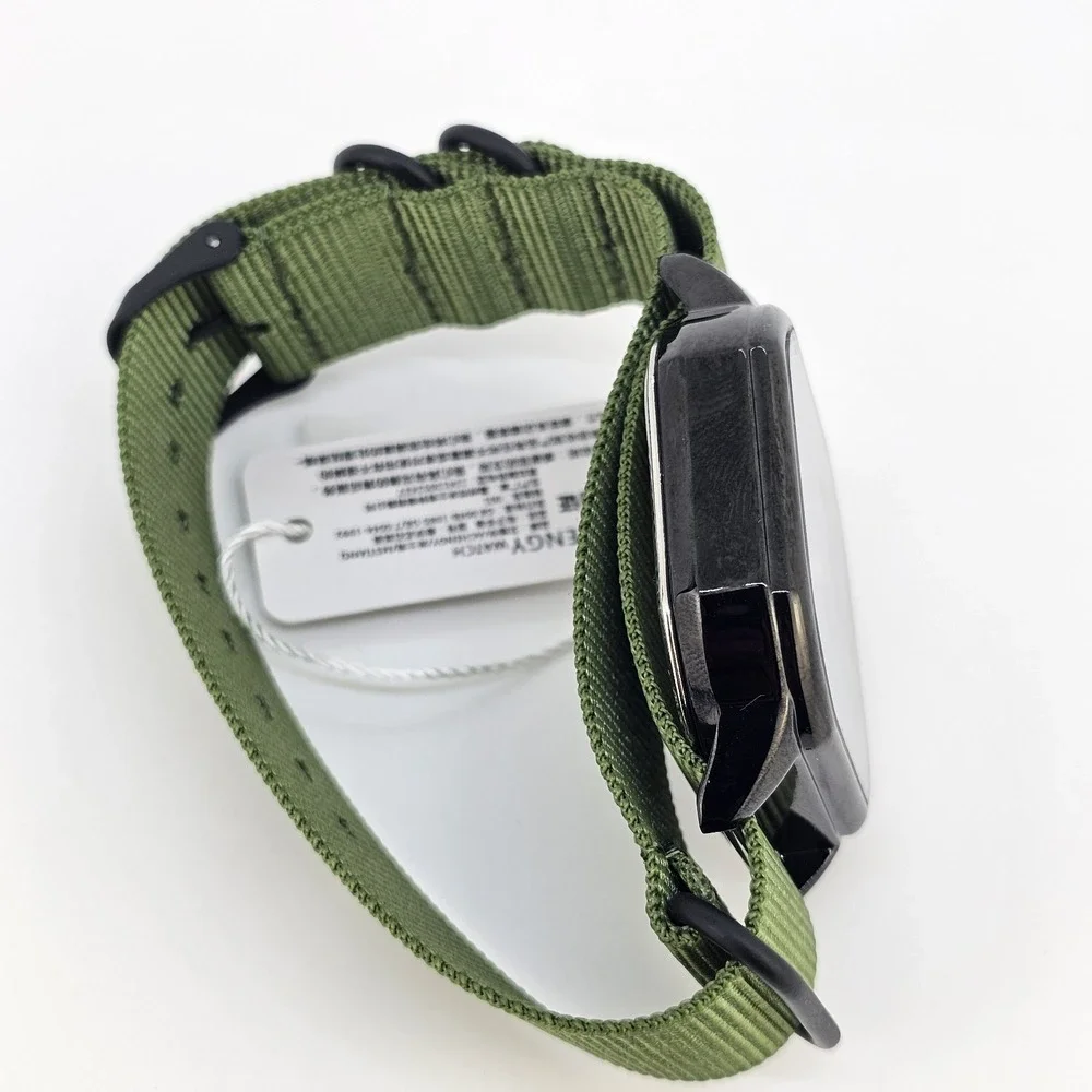 Men's Watch‎ 42MM Black Dial Black Case Date Army Green Canvas Band New Battery