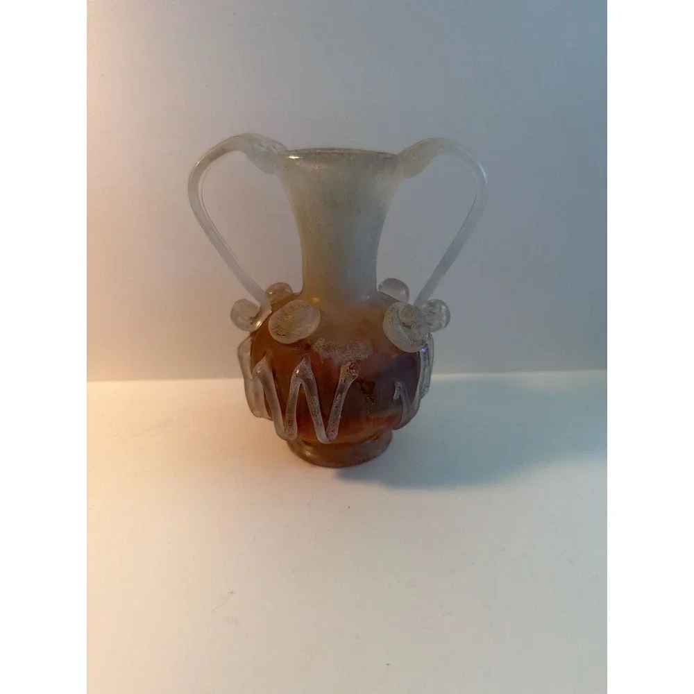 Vintage Murano Scavo Iridescent Art Glass‎ Vase w/Crimp Handles 5