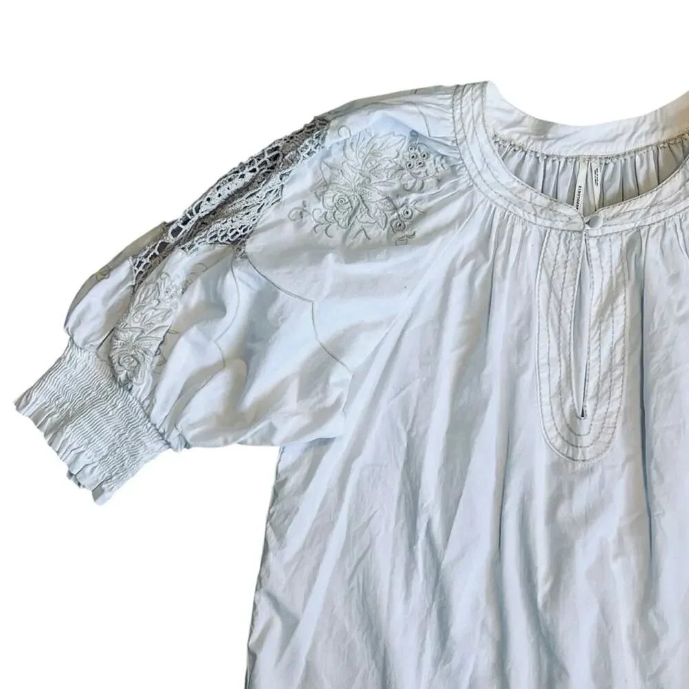 Anthropologie Women’s Sz S White Cream Crochet Blouse Short Puff Sleeve
