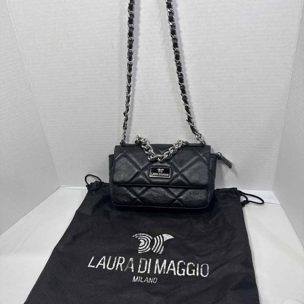 Laura Di Maggio Italian-made Leather Quilted Shoulder Bag – Black-preowned.