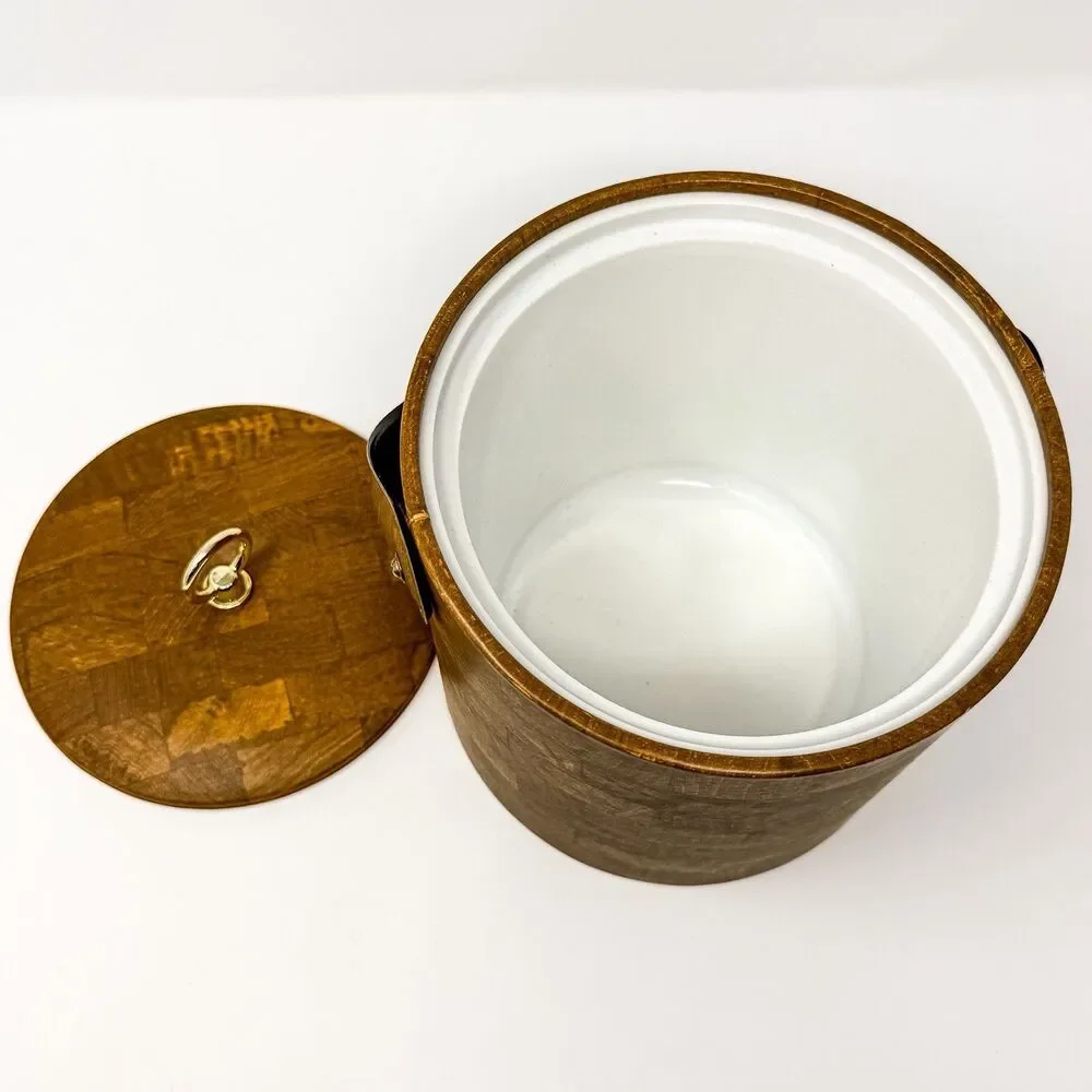 Vintage Retro Faux Wood Ice Bucket Gold Clasp Handle & Lid MCM Bar Cart Essentia