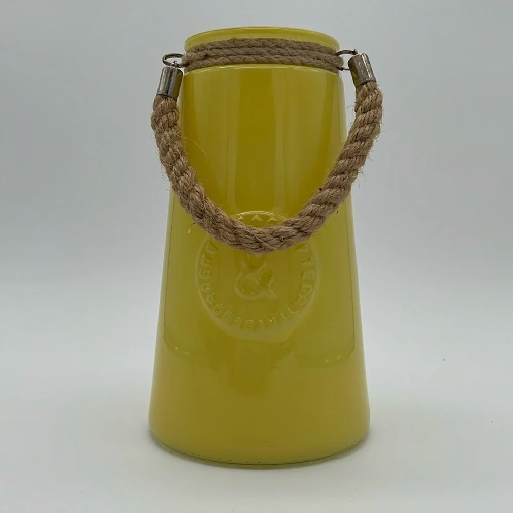 “Genuine & Crafted Original” Yellow Glass Jar/Vase with Rope Handle