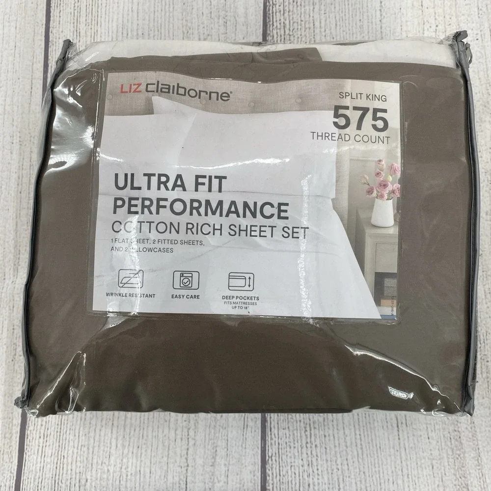 Liz Claiborne Sheet Set SPLIT KING Classic Taupe 575 Thread Count Cotton Blend