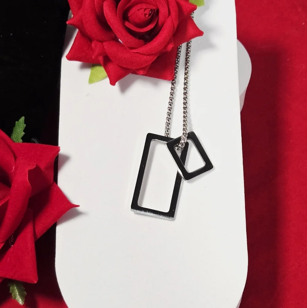 Silver Geometric Rectangle Pendant Necklace Stainless Steel Unisex 24