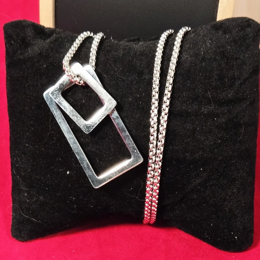 Silver Geometric Rectangle Pendant Necklace Stainless Steel Unisex 24