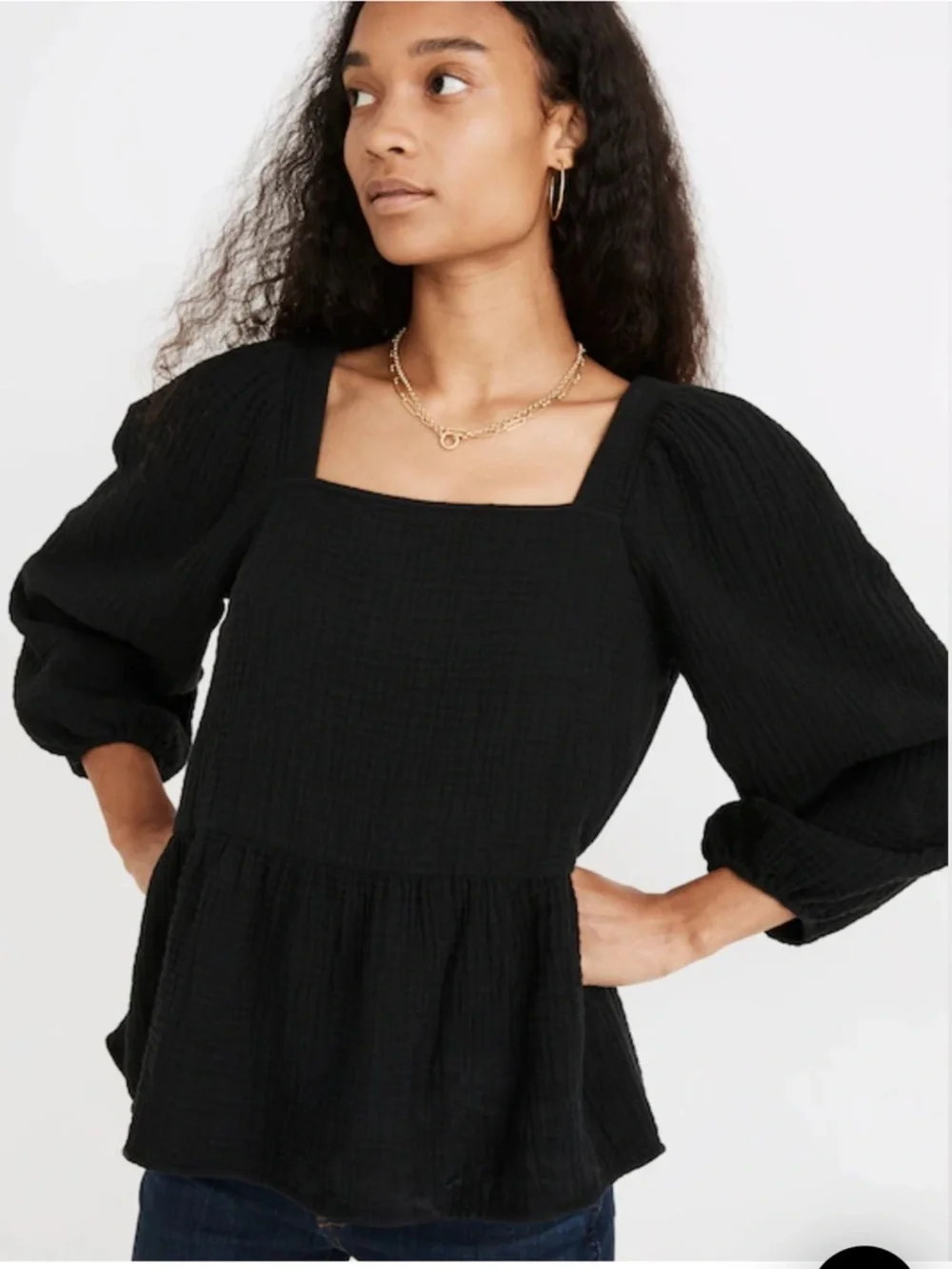Madewell Lightspun Millbrook Puff-Sleeve Peplum Top in True Black - Size M