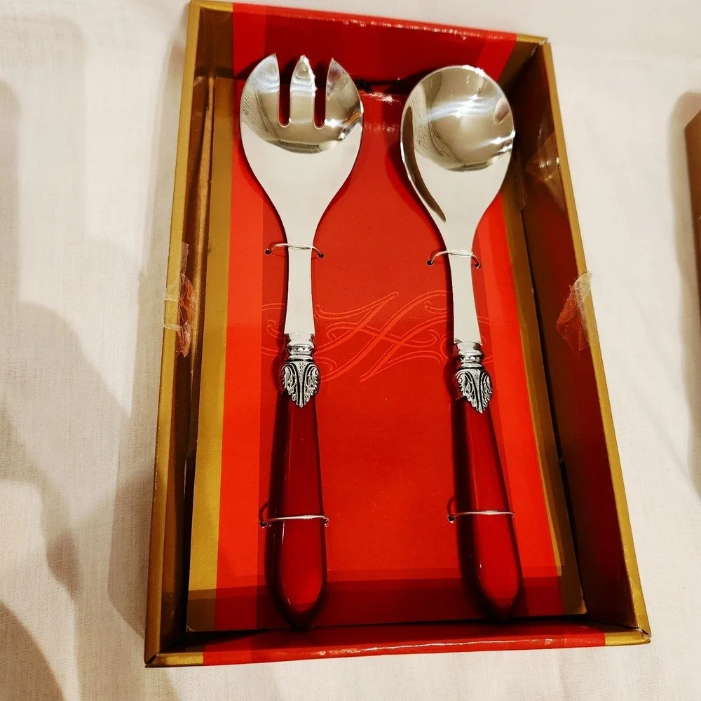 Cleopatra Holiday 2 pc Salad Serving Set Red Metal handle Open Box