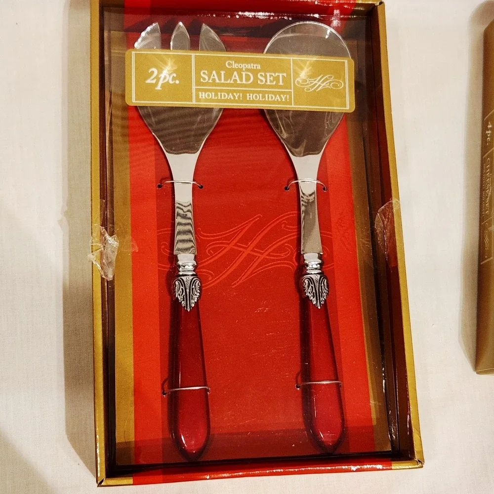 Cleopatra Holiday 2 pc Salad Serving Set Red Metal handle Open Box