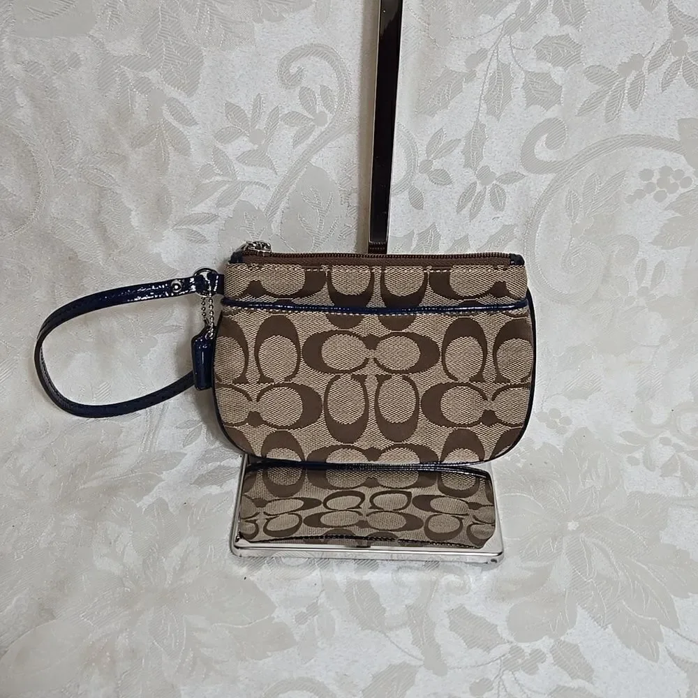 Coach Tan Y2K Logo Wristlet with Blue Patent Leather