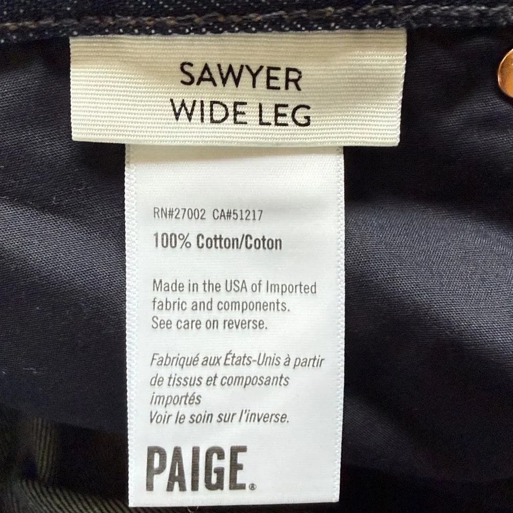 NWT PAIGE Sawyer Wide Leg 100% Cotton Jeans 29
