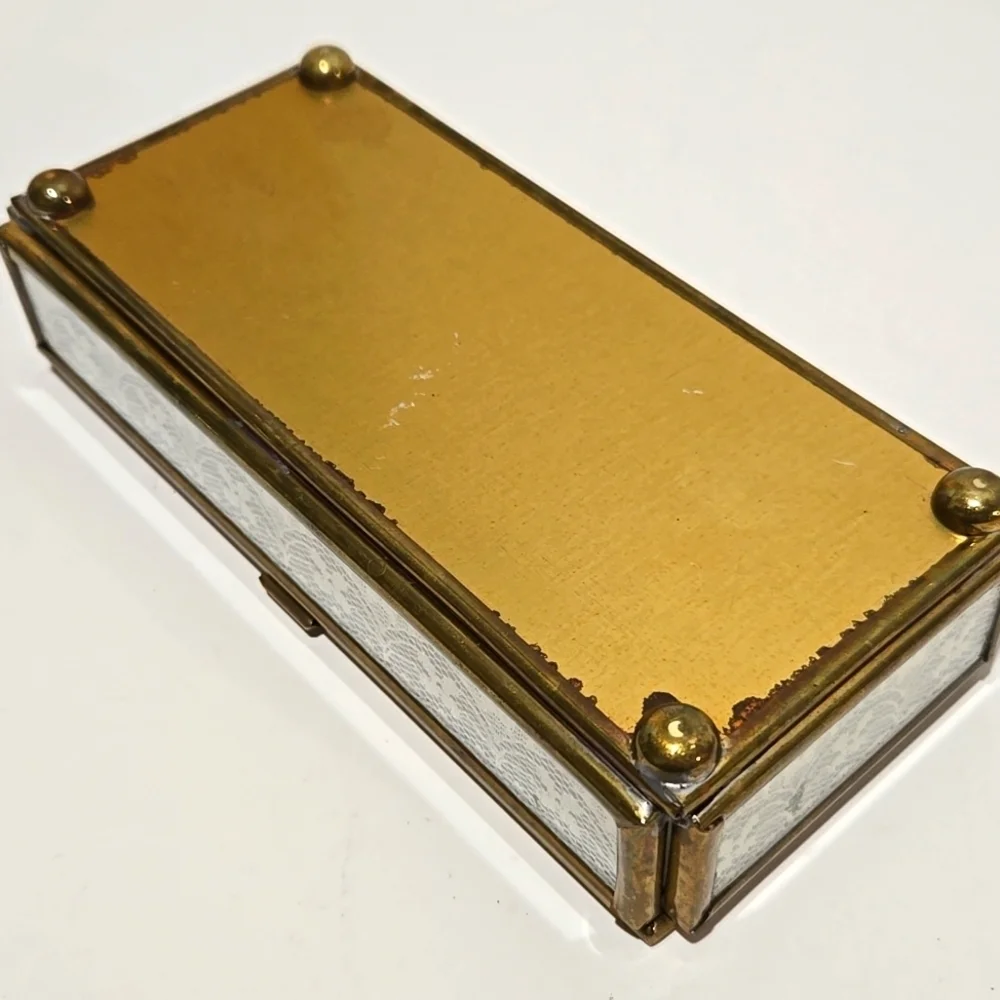 Vintage Etched Glass Jewelry Trinket Box Hinge-Lid Lace Gold Frame Shabby Chic