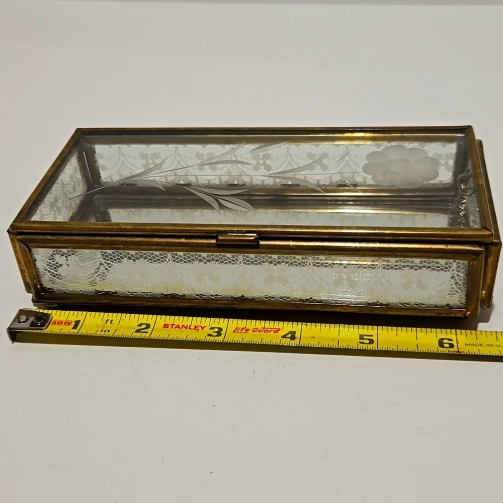 Vintage Etched Glass Jewelry Trinket Box Hinge-Lid Lace Gold Frame Shabby Chic