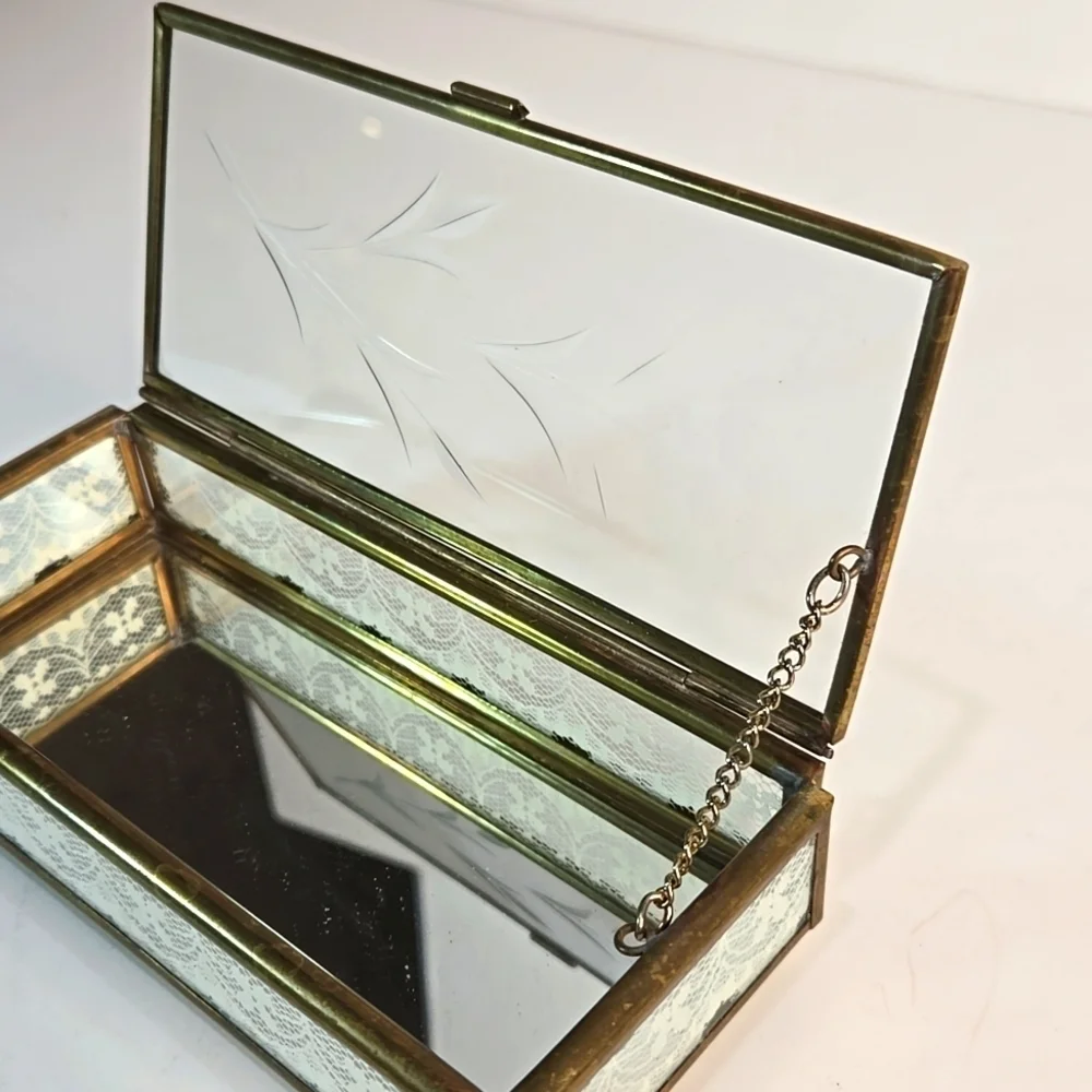 Vintage Etched Glass Jewelry Trinket Box Hinge-Lid Lace Gold Frame Shabby Chic