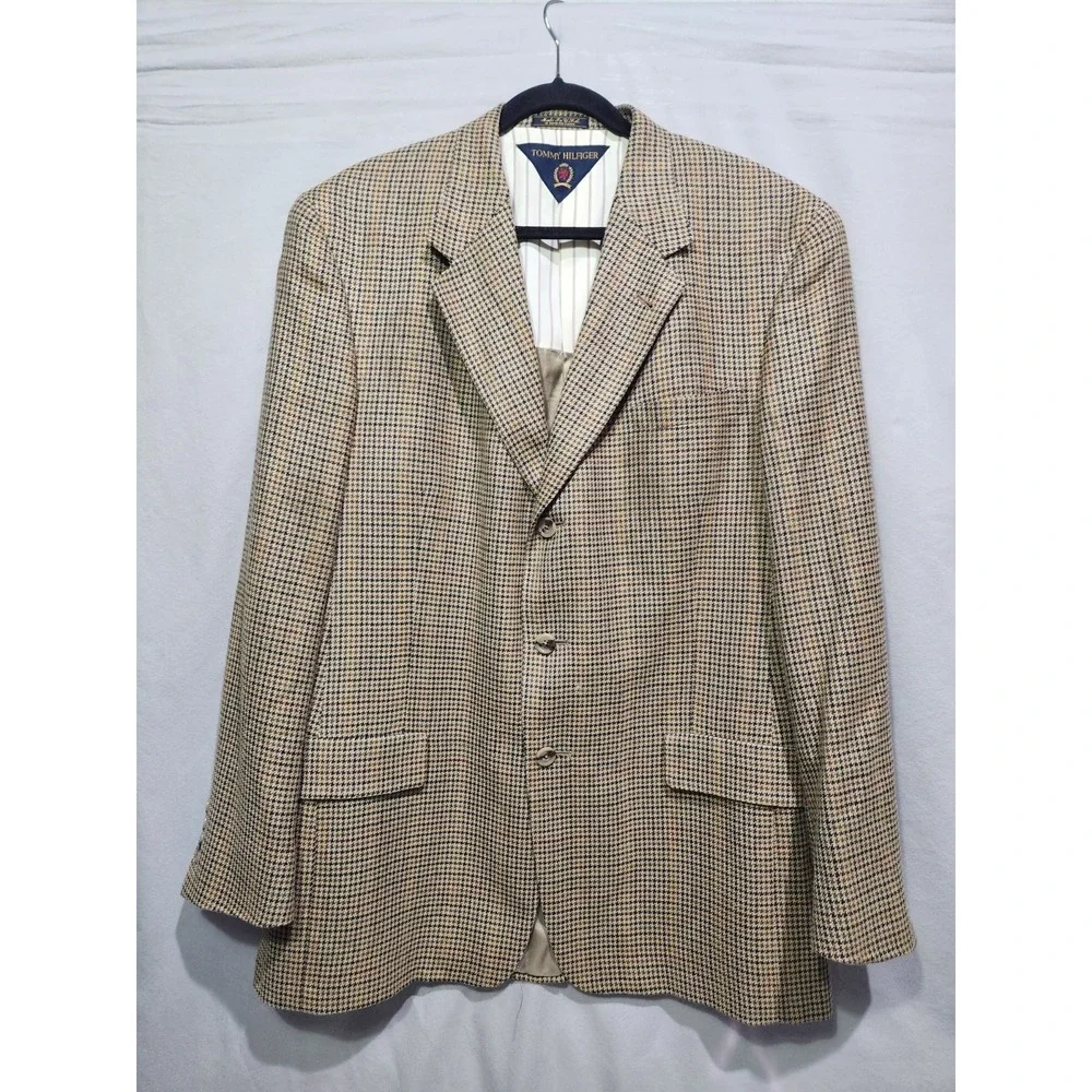 Vtg Tommy Hilfiger Brown Wool Blazer Jacket 43L‎ 3-Button USA 90s Houndstooth