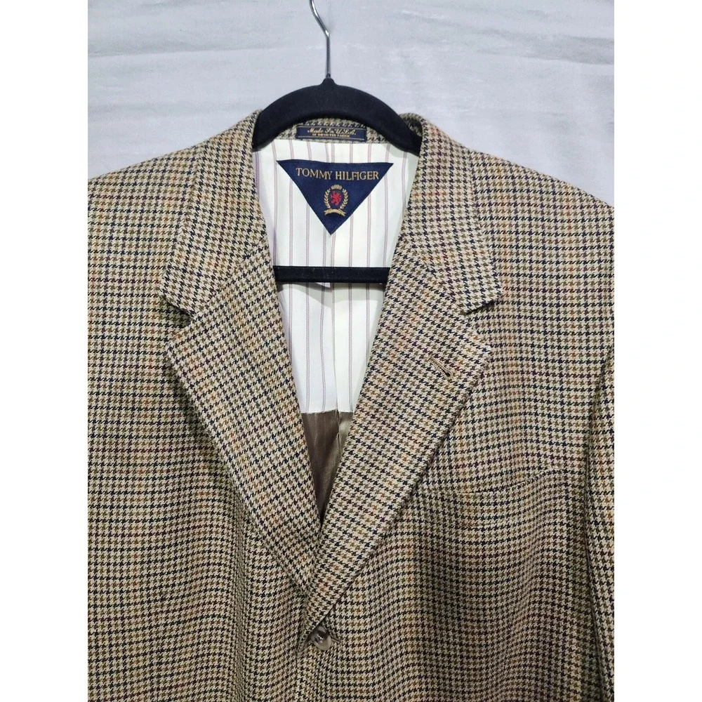 Vtg Tommy Hilfiger Brown Wool Blazer Jacket 43L‎ 3-Button USA 90s Houndstooth
