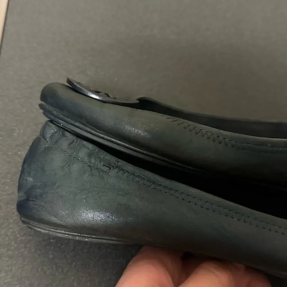 Tory Burch Minnie Travel Ballet Flat Soft Metal Metallic Shimmer Black Size 8.5