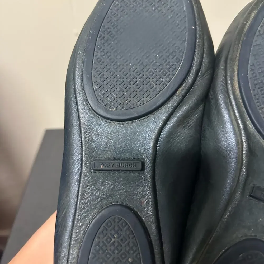 Tory Burch Minnie Travel Ballet Flat Soft Metal Metallic Shimmer Black Size 8.5