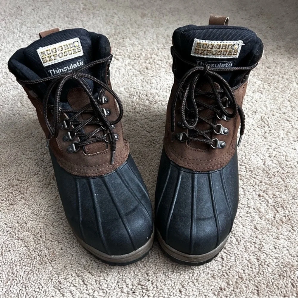 Rugged Exposure Men's Black and Brown Insulated Rain Snow Hiking Hunting Boots