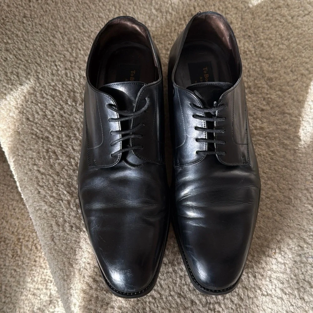 Mens Black Leather Lace Up Derby Dress Shoes Plain‎ Toe 10.5 To Boot NY Italy