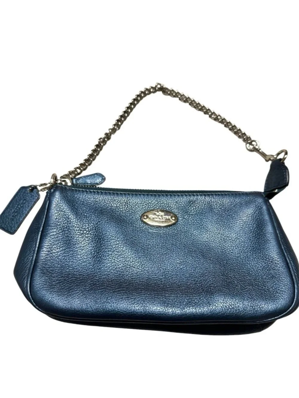 Coach Nolita mini handbag pebbled leather metallic blue chain strap wristlet