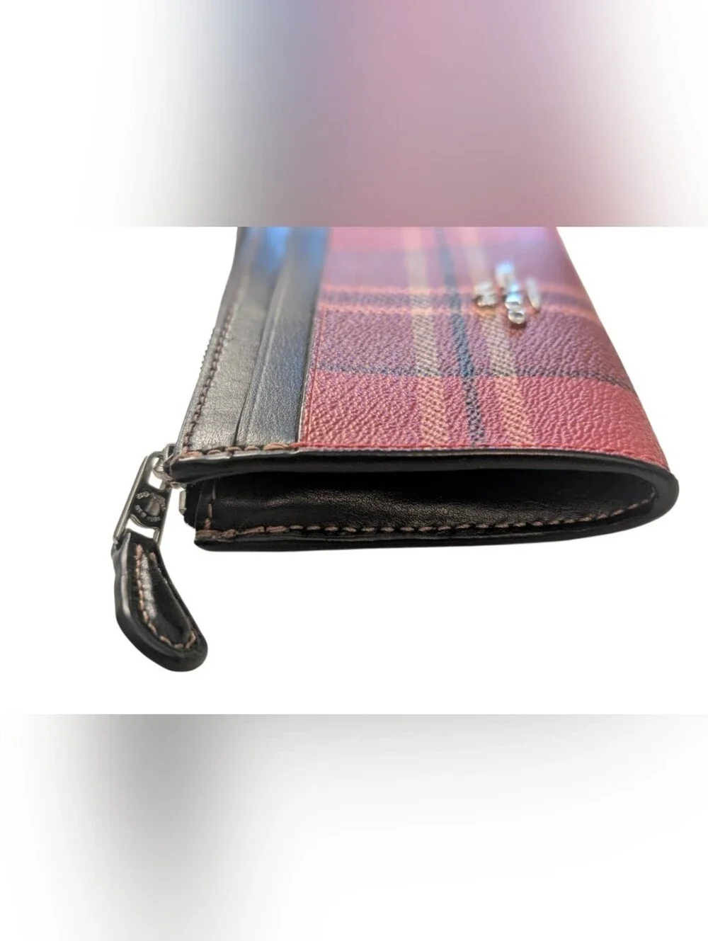 Coach Mini Skinny ID Case With Tartan Plaid Print Red & Black Wallet