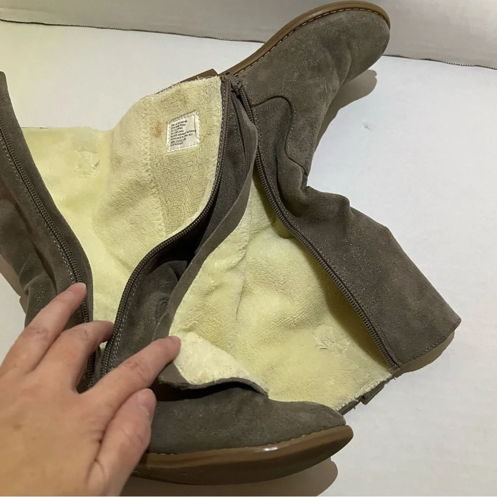 Olive & Edie Tessa Boots Brown Faux Fur Lined Mid Calf Boots Girls 1M Slouch Zip